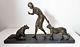 Louis RICHE élégante aux lionnes Sculpture bronze Art Deco antike Skulptur