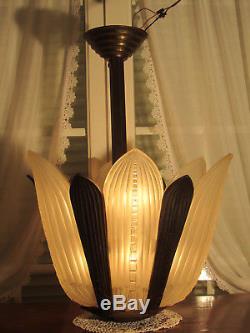 Lustre Art Deco Genet& Michon 6 Plaques Signees Monture Bronze
