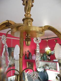 Lustre Cage en Bronze Doré à Pampilles Cristal Poignard 75 cm