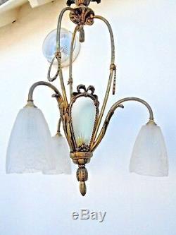Lustre verre tulipes J. Robert époque Art Deco chandelier