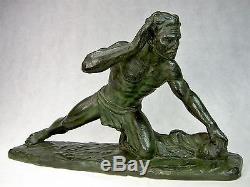 Melani Guetteur Spl. Statue Art Deco Terre Cuite Pat. Bronze Homme Nu Sculpture
