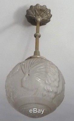 Muller frères-lustre-suspension art deco-bronze nickelé-verre moulé-sabino, daum
