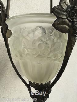 Noverdy, superbe lustre Art Déco verre moulé préssé, bronze signé, dlg Muller