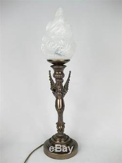 PAIR/ART DECO TABLE LAMPS BRONZE RESIN GREEK 56CM SERAPH FIGURINE GLASS SHADES