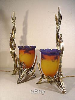 Paire De Lampes Aux Iris En Bronze Art Nouveau & Tulipes Muller Fres Luneville