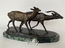 Paire D Antilopes Couple Bronze Par Irenee Rochard 1930 Art Deco Sur Marbre E723