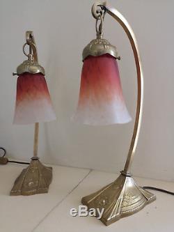 Paire De Lampe Art Deco En Bronze C. Ranc. Tulipe En Pate De Verre Schneider