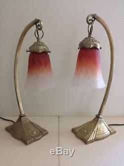 Paire De Lampe Art Deco En Bronze C. Ranc. Tulipe En Pate De Verre Schneider