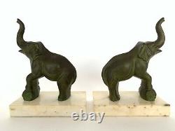 Paire De Serre Livres Art Deco Elephants 1930 Regule Marbre Blanc E625