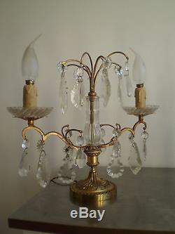 Paire Girandoles Bronze Dore Cristal Deco Art Table Louis XVI Lampe Luminaire