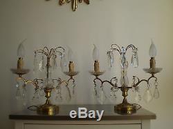 Paire Girandoles Bronze Dore Cristal Deco Art Table Louis XVI Lampe Luminaire