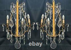 Paire dappliques Louis XV trois bras Pampilles Bronze & Cristal d'époque XIXeme