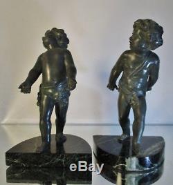 Paire de Serre-livres Art Déco 2 enfants chérubins régule patine bronze Bookends