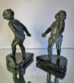 Paire de Serre-livres Art Déco 2 enfants chérubins régule patine bronze Bookends