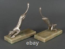 Paire de serre-livres Art Déco 1930 panthères en bronze argenté sur onyx H5435