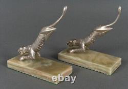 Paire de serre-livres Art Déco 1930 panthères en bronze argenté sur onyx H5435