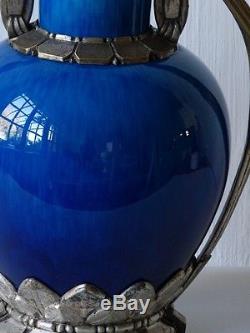Paul Milet Sèvres, Vase Art Déco Porcelaine Bleue Et Bronze Argenté