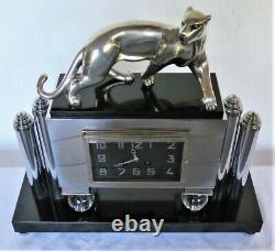 Pendule art moderne panthère bronze chrome electric clock deco