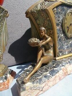 Pendule horloge lampe sculpture art deco LIMOUSIN statue femme en regule bronze