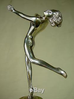 RARE ART DECO Ca. 1925 J. LORENZL CHROMED BRONZE SCULPTURE PIN-UP DANCER STATUE
