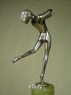 RARE ART DECO Ca. 1925 J. LORENZL CHROMED BRONZE SCULPTURE PIN-UP DANCER STATUE