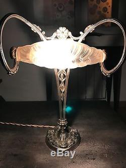 Rare Et Superbe! Lampe Ancienne Art Deco Bronze Et Patte De Verre 1910/1920