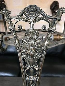 Rare Et Superbe! Lampe Ancienne Art Deco Bronze Et Patte De Verre 1910/1920