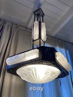 Rare Lustre Art Deco Signée DEGUE Chandelier French Lampe Applique