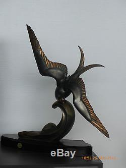 Sculpture Art Deco En Bronze Mouette Sur La Vague Signe I. Rochard