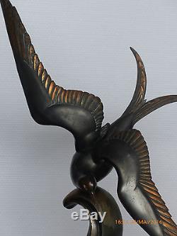 Sculpture Art Deco En Bronze Mouette Sur La Vague Signe I. Rochard