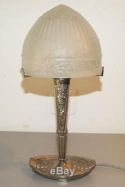SUPERBE LAMPE ART DECO BRONZE / VERRE MOULE AUX PAPILLONS DEGUE MULLER 1930