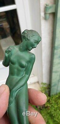 Sculpture En Bronze Art Deco Raymonde Guerbe Femme A La Grenouille Patine Verte