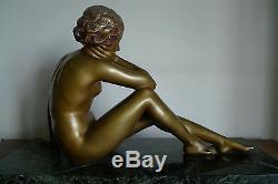 Sculpture Statue Art Deco Bronze Marbre Signee Cipriani Jeune Femme Nude