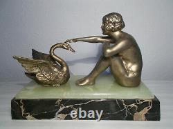 Sculpture art deco 1930 femme nue au cygne statuette woman naked bronze color