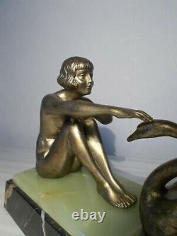 Sculpture art deco 1930 femme nue au cygne statuette woman naked bronze color