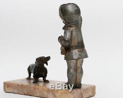 Sculpture en bronze chryséléphantine Art Déco. Fille & chien. H Molins. Chiparus