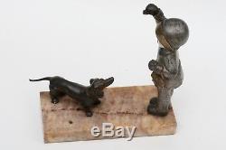 Sculpture en bronze chryséléphantine Art Déco. Fille & chien. H Molins. Chiparus