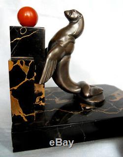 Serre-livre art-deco otaries par FRECOURT, era fayral bronze 1920 rochard