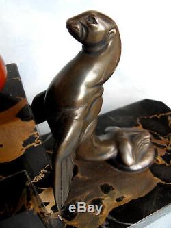 Serre-livre art-deco otaries par FRECOURT, era fayral bronze 1920 rochard