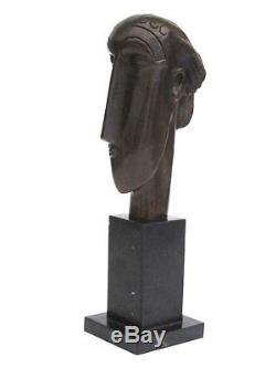 Signed HUGE 3.1kg Bronze Abstract Studio Male Face Sculpture Art Deco Style 36cm