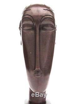 Signed HUGE 3.1kg Bronze Abstract Studio Male Face Sculpture Art Deco Style 37cm