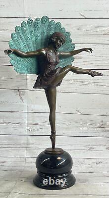 Signée M. Pellier Bronze Statue Art Déco Paon Danseuse Figurine En Ouvre