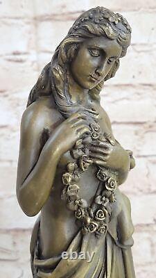 Signée Ouvre Fille Fleur Bronze Sculpture Art Déco Marbre Base Figurine Cadeau