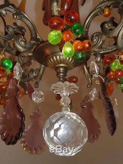 Splendide Lustre Cage Ancien Bronze Pampilles Coloré Murano Fruit Goutte Grappe