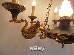 Splendide lustre Empire ancien à 6 feux bronze doré, tôle cygnes antique XXème