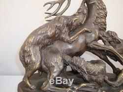 Statue Cerf Chien Chasse Animalier Style Art Deco Bronze Signe