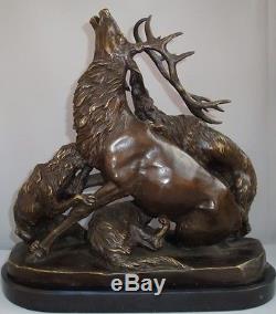 Statue Cerf Chien Chasse Animalier Style Art Deco Bronze Signe