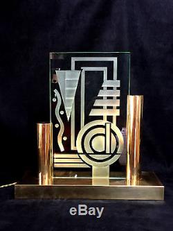 Superbe Lampe Art Deco (jacques Adnet)en Bronze Et Verre Gravé (st Gobain)