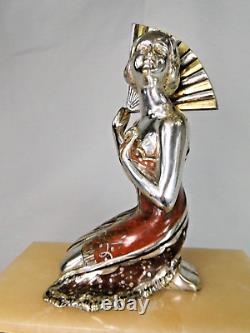 Superbe Pendule Onyx Art Deco Bronze Femme Signe M. Secondo Eventail 1925