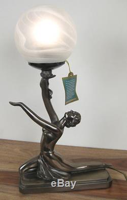 TABLE LAMP ART DECO/NOUVEAU BRONZE KNEELING BALL GIRL FIGURINE GLASS SHADE NEW
